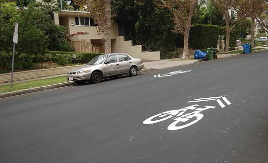 The Westolme Sharrows are back!  Photo: LA Streetsblog/Flickr .   For more information, visit the LADOT Bike Blog