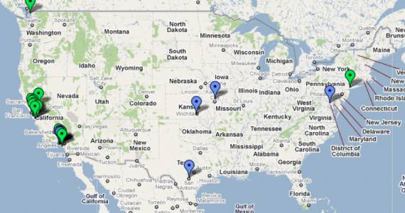 Google map showing the location of donors of more than 100k to the Proposition 23 Campaigns.  Blue are "yes."  Green are "no."