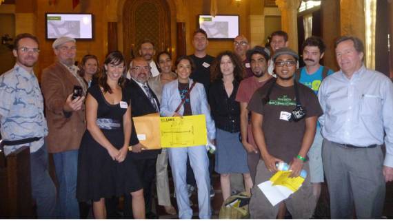 Tired but happy, bike advocates and planning commissioners take a moment for a group shot after a marathon meeting of the Planning Commission.  Photo: 