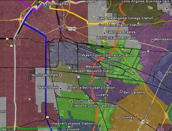 The Orange Line is the proposed light rail line to be built instead of the 710 Connector Project.  Image by Carlos Vazquez