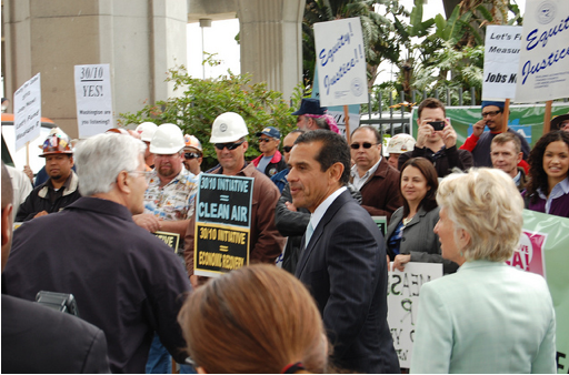 It's hard to imagine labor embracing 50-10 as they did 30/10. Villaraigosa, pictured here with Congress Woman Jane Harman, addresses 30/10 at a labor rally last May. Photo: ##http://www.flickr.com/photos/29300710@N08/##L.A. Streetsblog/Flickr##