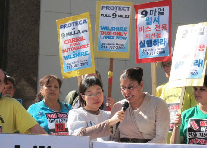 The Bus Riders Union's Jedi Council meets in front of Supervisor Yaroslavsky's office to protect the Wilshire Bus Only Lanes.  Image via the Bus Riders Union
