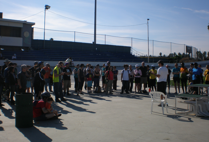 The first stop of the CICLE ride was at the Encino Velodrome, where riders were treated to a quick talk on professional cycling.  Photo: Dan Dabek/CICLE