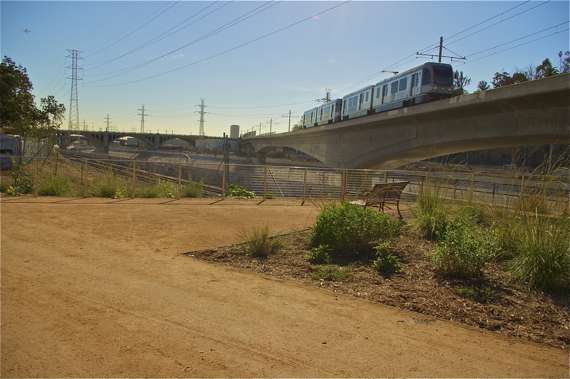 Trains, planes, and automobiles are all visible from the Ed P. Reyes River Greeway park. Sahra Sulaiman/LA Streetsblog