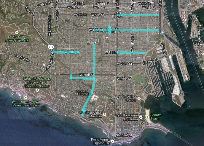 San Pedro detail of streets where LADOT will implement sharrows in 2014. Click to go to Google Map.