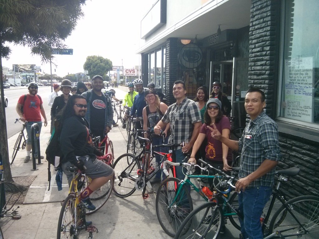 The Tour de Co-Ops stops at Bici Libre, an LACBC sponsored co-op  located southwest of DTLA. Both images: Erick Huerta