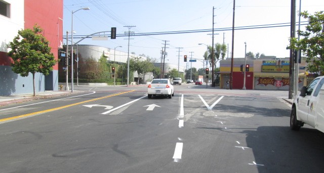 Grand Avenue bike lanes mostly installed. photo: Ryan Johnson