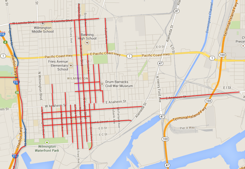 Wilmington's existing bike lane network. Red lines are existing bike lanes. Purple and blue lines are bike routes. Screen shot from LADOT Bike Program website map