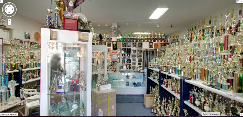 Screen shot of the interior of the Trophy House. Yes, there are that many trophies, and more. And they will unfailingly evoke one or more childhood memories. (Google maps)