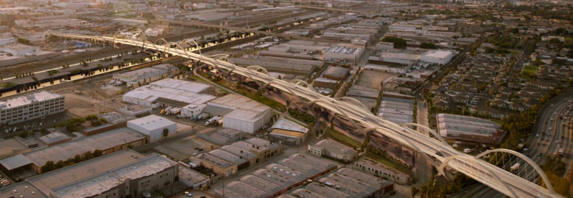 The span of the viaduct crosses mostly over industrial spaces. There is a set of housing developments on the east side of the flats, just to the north of the bridge. (Source: Michael Maltzan Architecture)