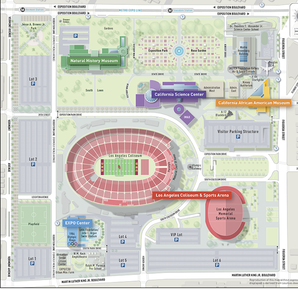Exposition Park. CicLAvia will run along the south edge, and the festivities will take place on Bill Robertson Lane, which runs on the west side of the Coliseum.