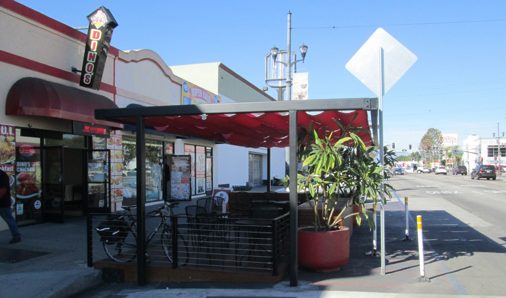 Completed parklet in front of Dino's in Huntington Park
