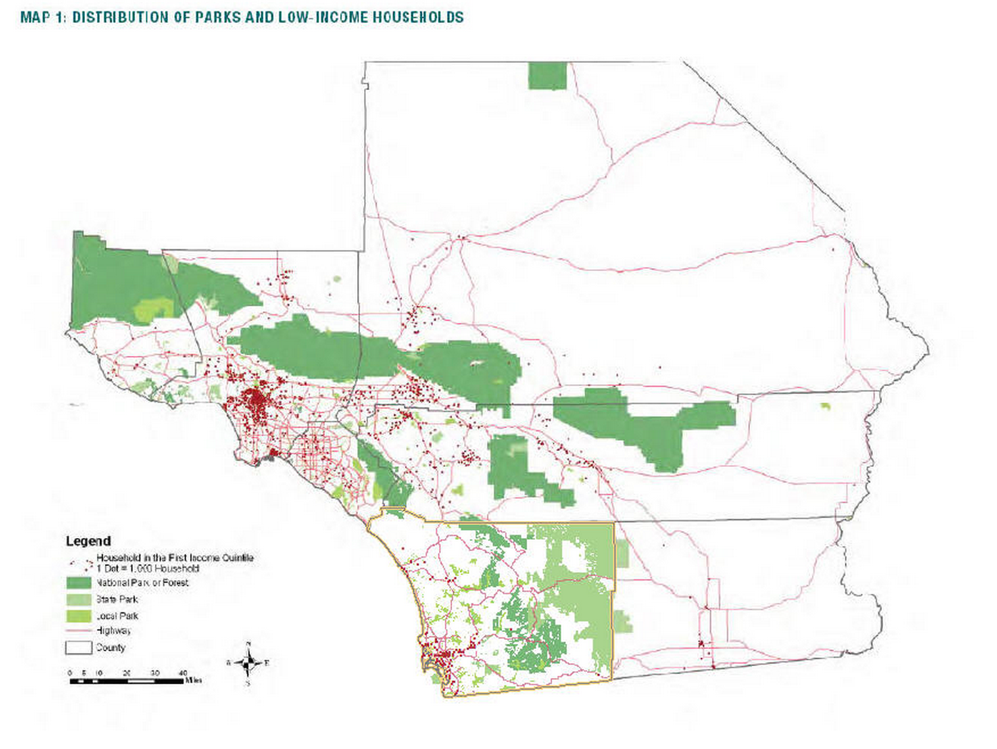Each red dot on this map is a concentration of 1000 low income households. The green is the parkland in the 6 county SCAG region. Click on the map for a larger version.