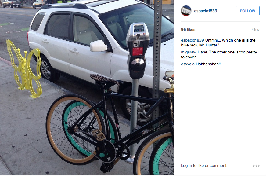 The parking sign pole is preferred by some to the butterfly rack outside Espacio 1839. Source: Espacio 1839 instagram