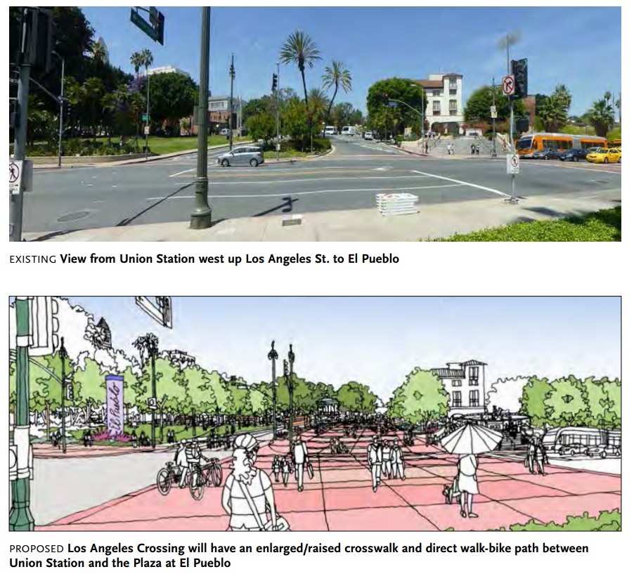 The planned Union Station improvements will create a 50-foot wide raised crossing at Alameda in front of Union Station. Image via Metro's Connect US plan