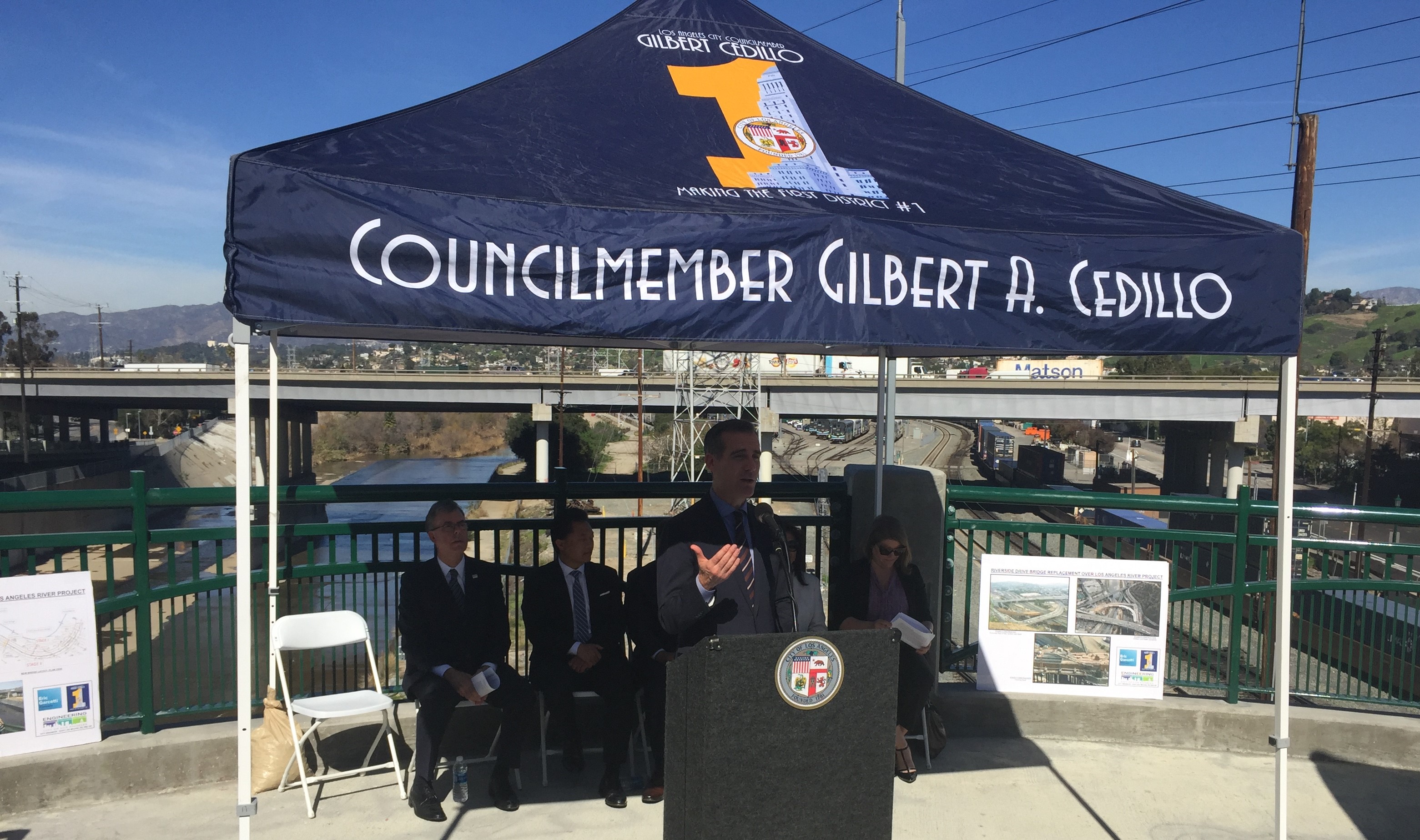 Mayor Garcetti celebrating the new Riverside Drive Bridge