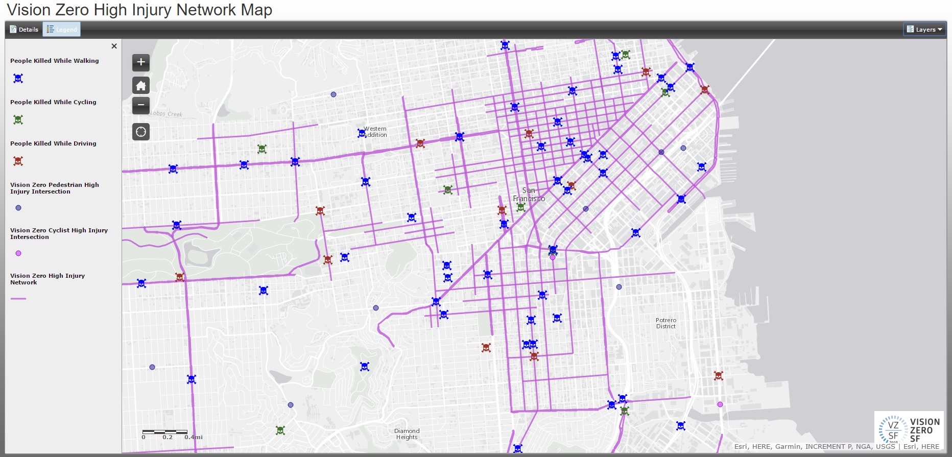 Screen shot of San Francisco's Vision Zero map