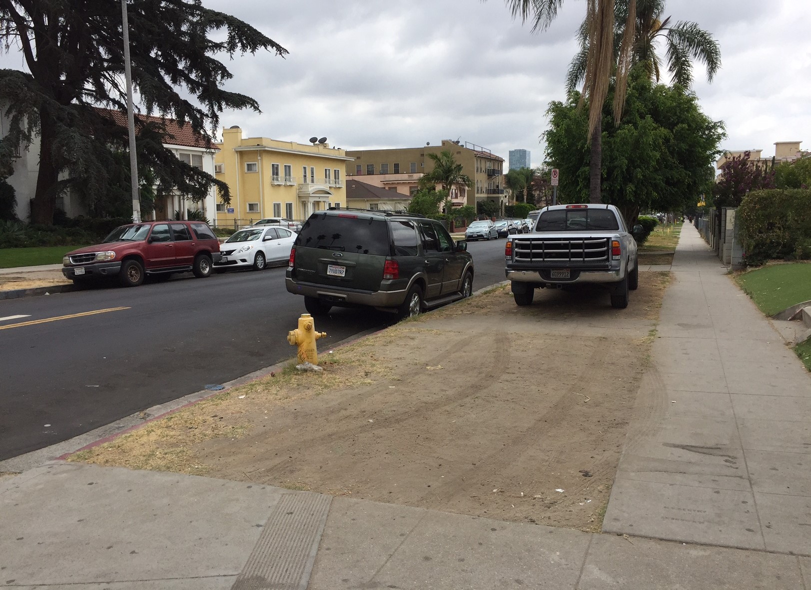 From the tire tracks, it is clear that this parkway-parked truck drove up the corner pedestrian ramp in the foreground