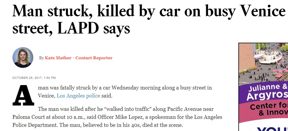 L.A. Times, LAPD Misleading on Awful Car Crash Killing Venice Pedestrian