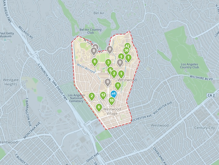 Map of UCLA bike-share boundaries. The system extends throughout the main UCLA campus as well as adjacent areas southward. Screen grab from Bruin Bike Share website