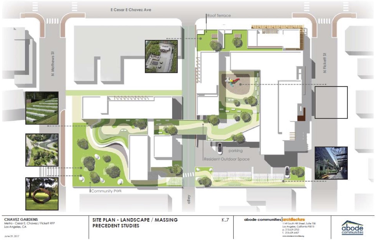 The layout of the project at Cesar Chavez/Fickett. The park is at bottom left. The grocery store will be found in the east set of buildings. Source: Metro