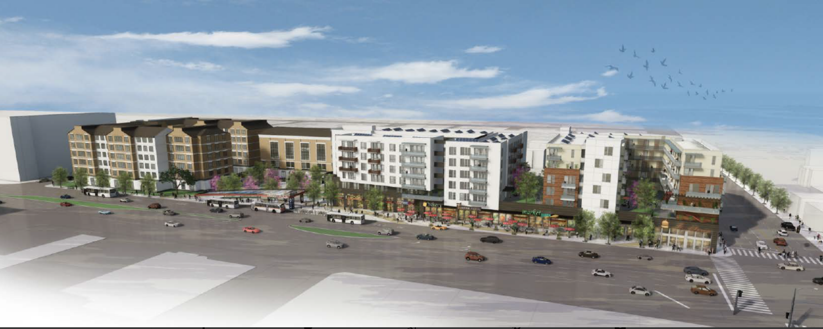 A rendering of the affordable housing, boarding school, and transit plaza planned for Vermont/Manchester. Source: Mark Ridley-Thomas