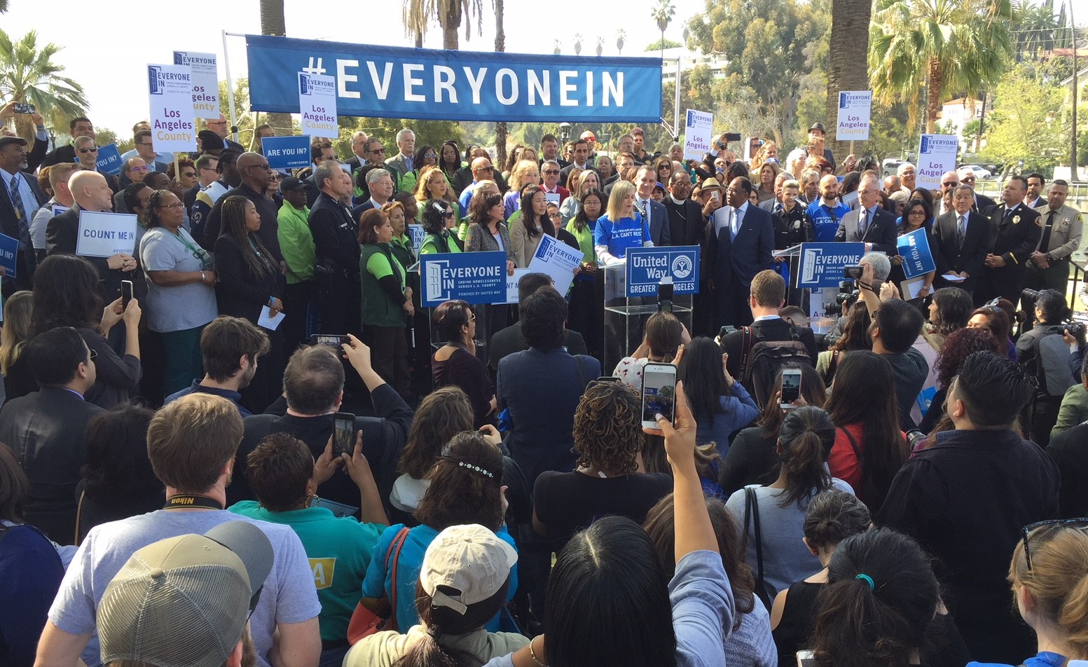 United Way L.A. CEO Elise Buik speaking at this morning's Everyone In campaign rally. Photo by Joe Linton/Streetsblog L.A.