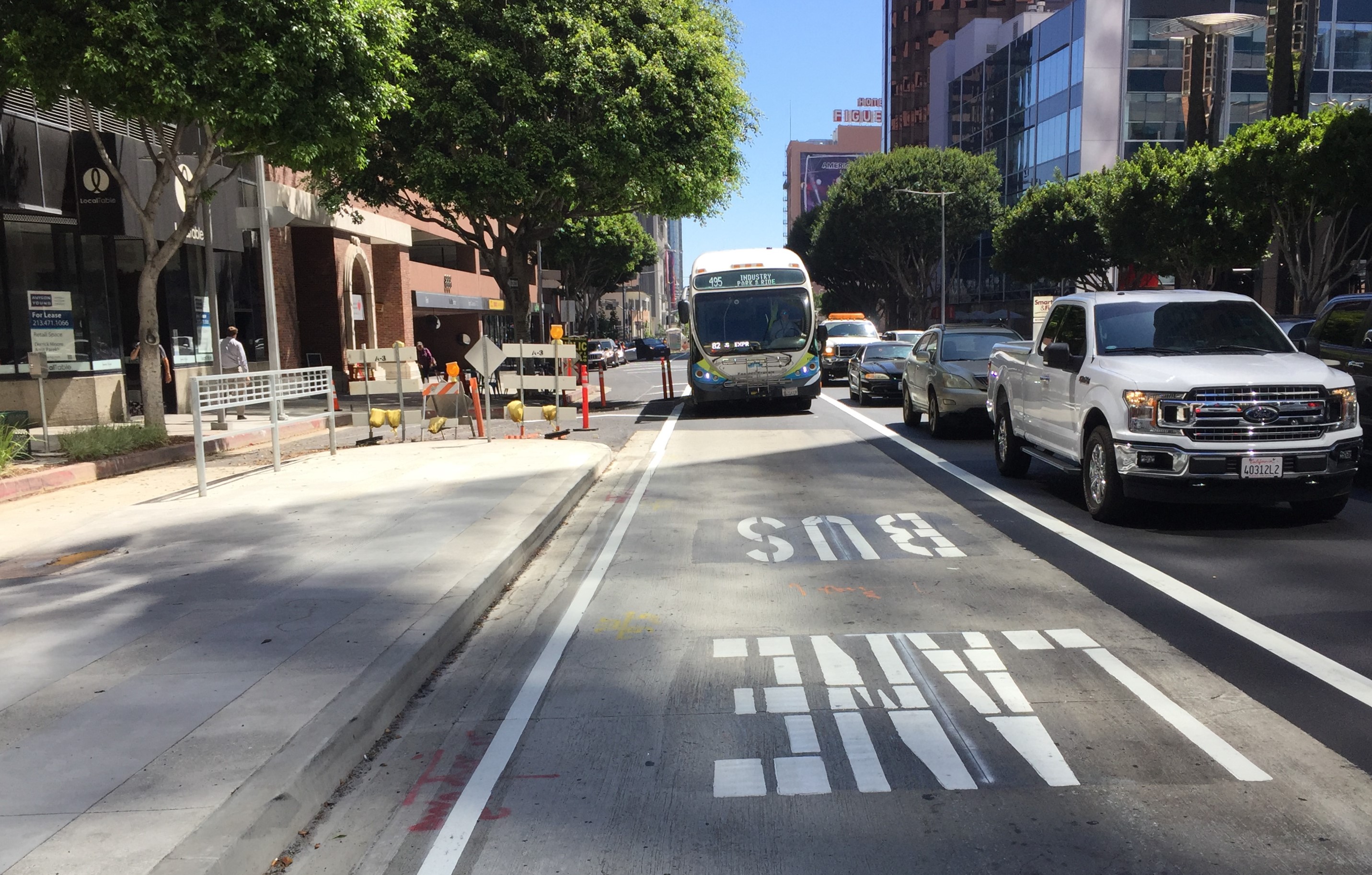 The northern end of MyFigueroa includes a northbound bus only lane