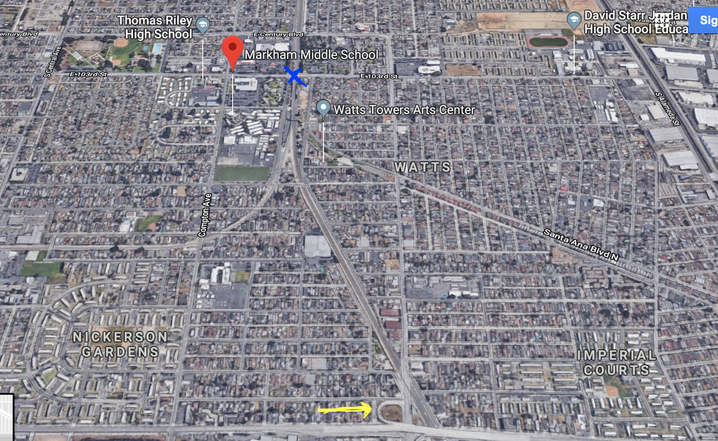 The location of the new skate/bike park (see yellow arrow) puts it at some distance from Markham Middle School (red marker at top). But the fact that Markham is adjacent to the 103rd Street Blue Line stop (blue "x") and the park will be located at the next stop on the line may help with access for students. (Google maps)