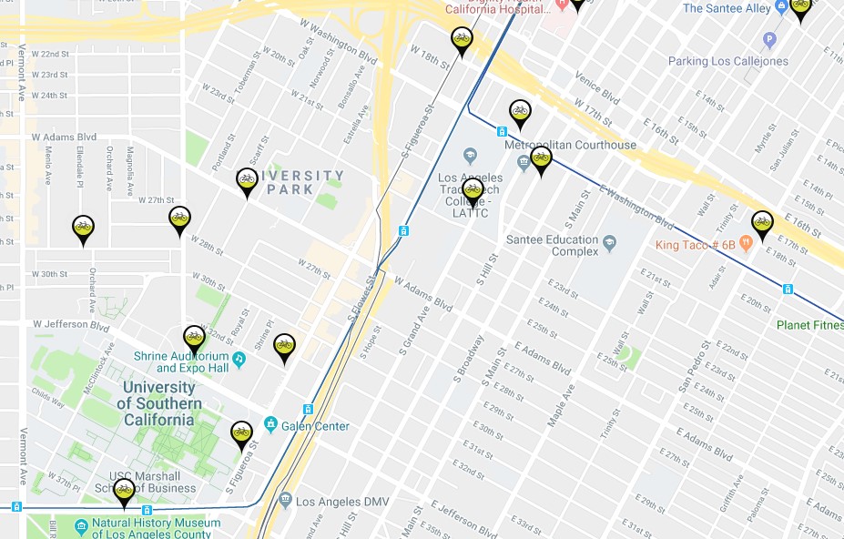 Screen shot of Metro Bike Share map shows new stations in South L.A. neighborhoods around USC. Screen shot via MBS website