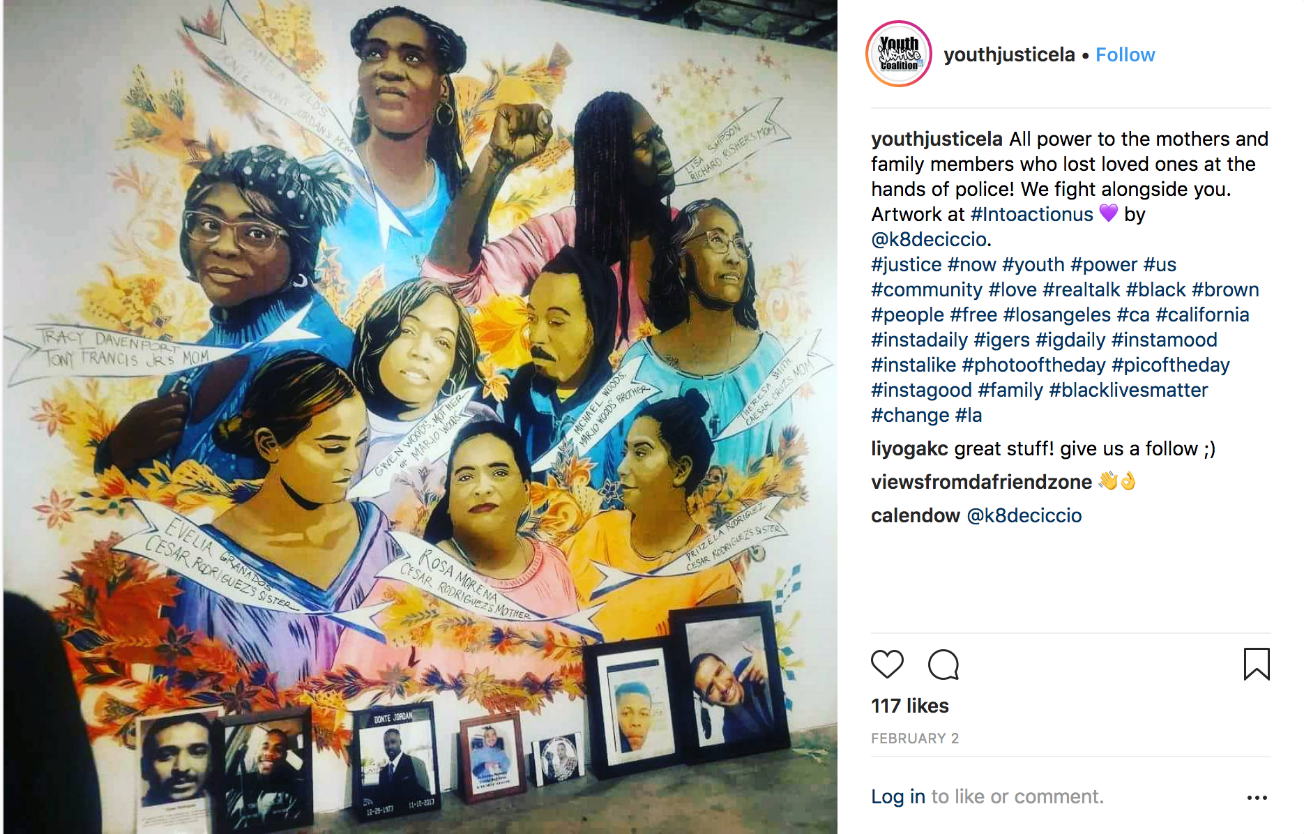 A piece by artist Kate de Ciccio pays tribute to the pain felt by family members of those felled in police incidents. Rodríguez' sister and mother are at bottom left and center.