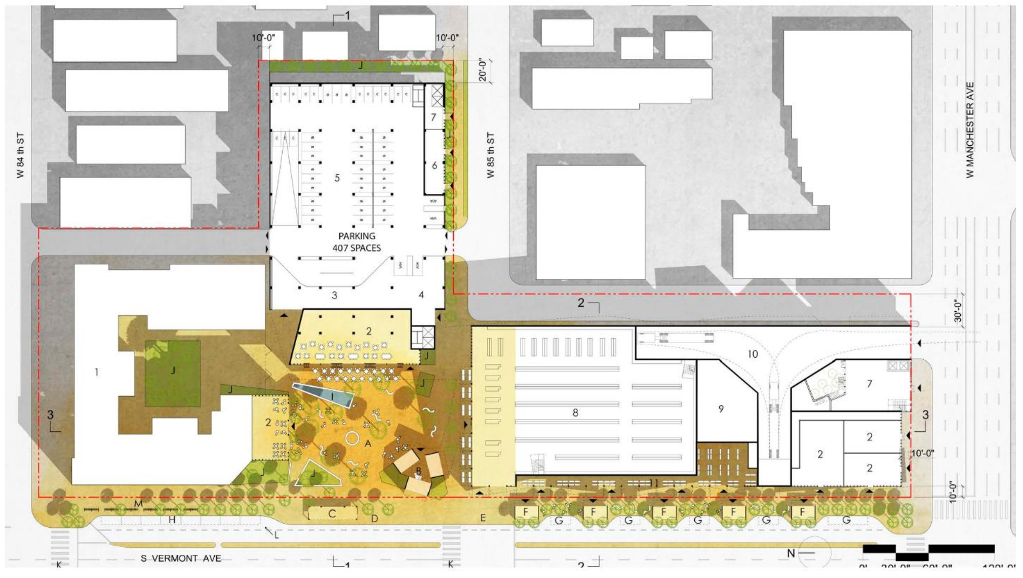 The layout of the site (Vermont is at the bottom, Manchester, at right). The school would be on the north end of the lot, the housing and career center would be on the Manchester end, and the retail (including the proposed grocery store) would be under the housing. Source: Mark Ridley-Thomas