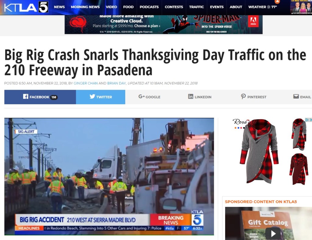 Truck Crashes into Gold Line Tracks in Pasadena on Thanksgiving