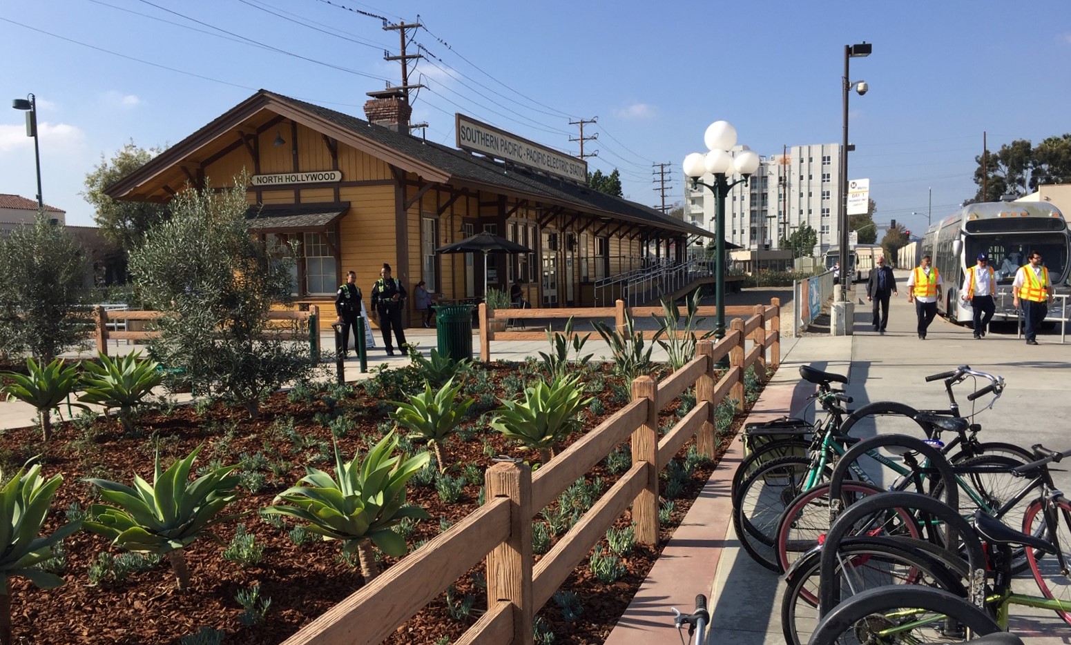 Metro's new landscaped plaza in North Hollywood, looking west from Lankershim. Photo by Joe Linton, November 28, 2018