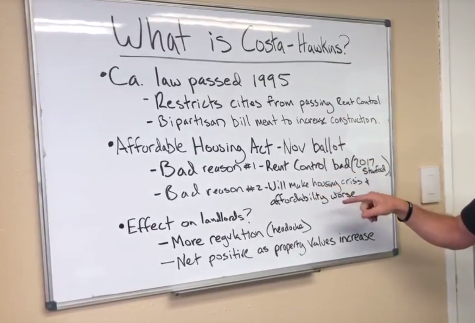 Bullet points from a Good Life Property Management video on Costa Hawkins include the compelling points, "Bad reason #1 - Rent Control bad" and "More regulation (headache)." Screengrab from Good Life Property Management