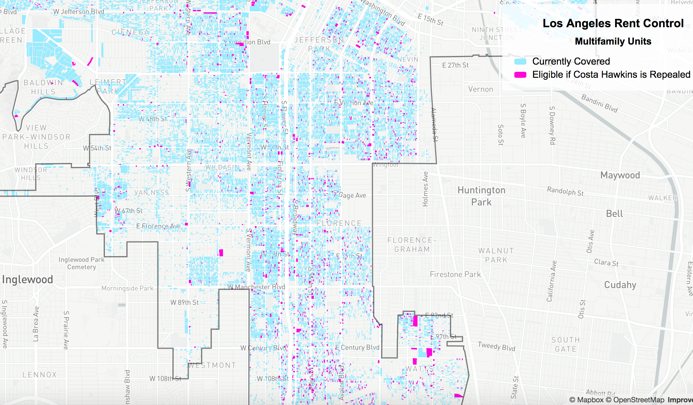 A detail of a map of rental properties currently covered by the rent stabilization ordinance. The pink spots indicate more recent construction which could become eligible for rent stabilization with a repeal of Costa Hawkins. Source:
