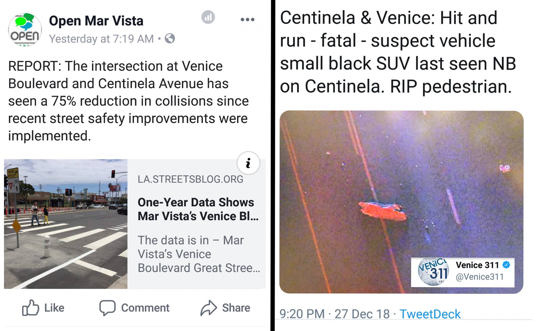 Restore Venice Blvd traffic safety deniers criticized Venice Boulevard safety due to a crash that took place four blocks away from the project. Image via RVB Facebook.