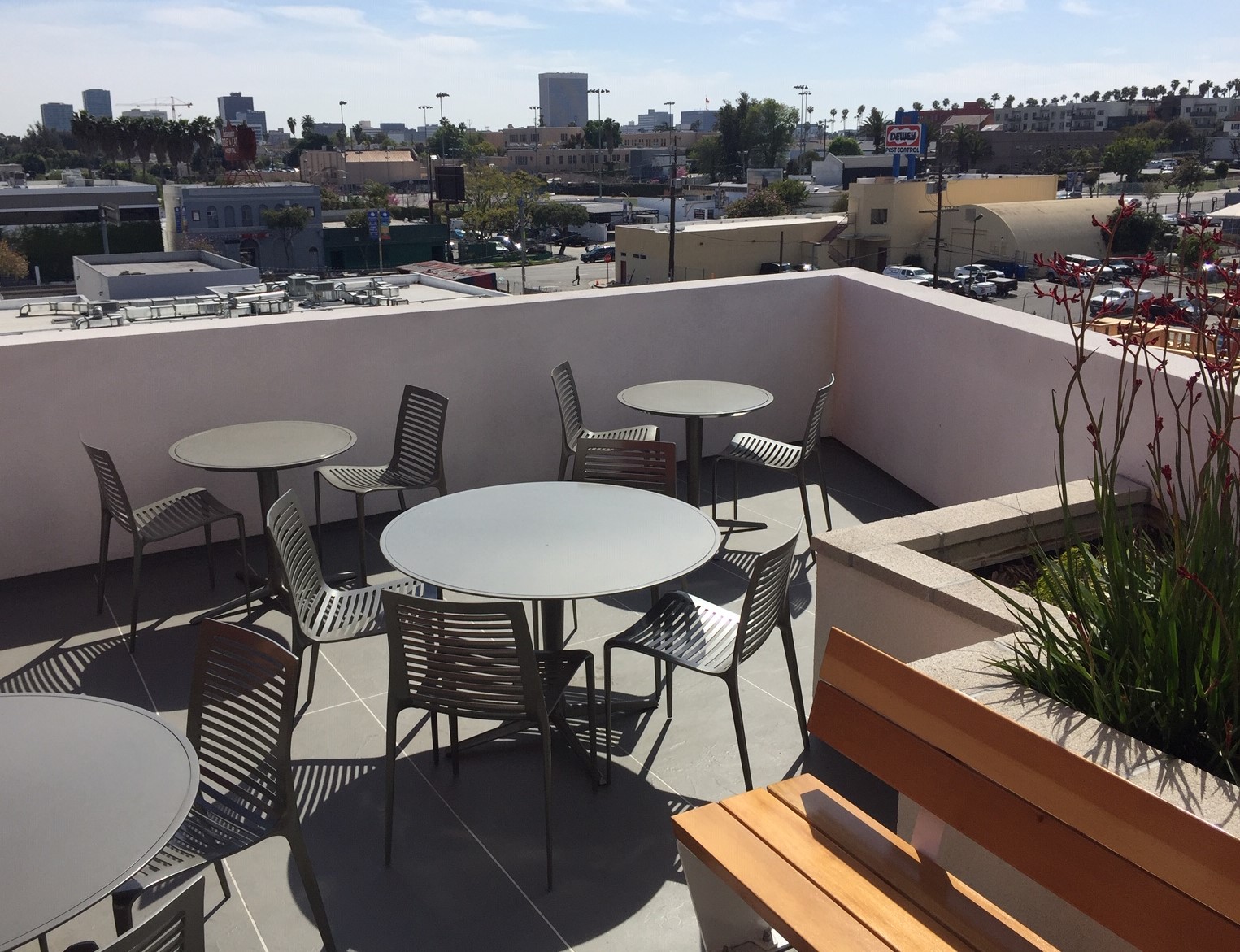 The staff lounge deck features views of the city