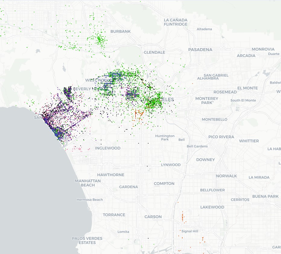Detail of map of L.A. County dockless devices - screenprint via