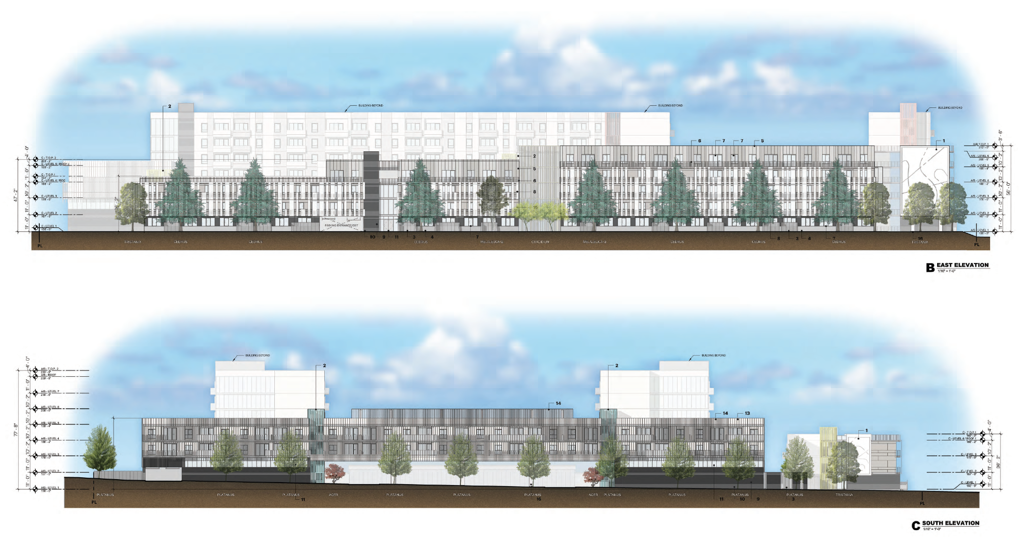 The buildings would range in height from four to seven stories. Rendering: HKS Architects and Courtland Studio