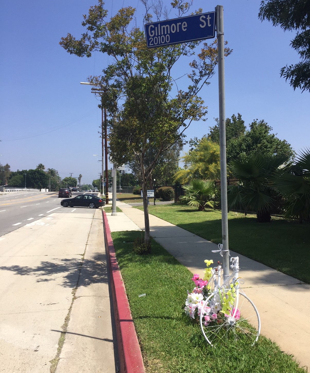 Ghost bike for bicyclist Ignacio Sanchez Navarro - killed on Winnetka in a 2017 hit-and-run crime