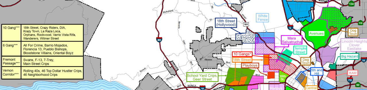 Partial map of gang injunctions, per the LAPD. Click here to see the full map. Visit the LAPD website to see maps for each bureau.