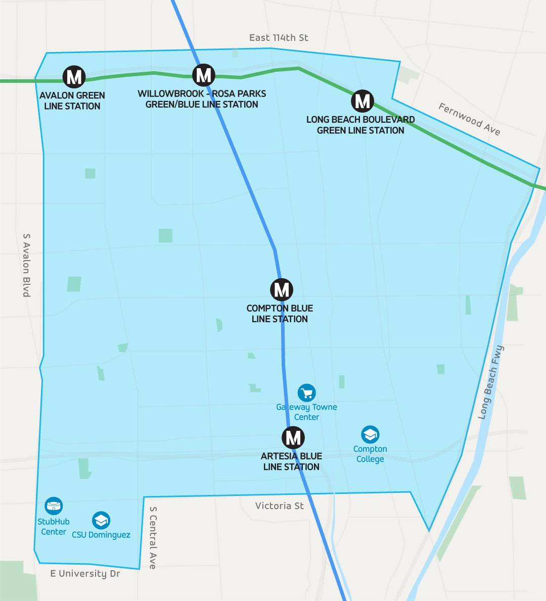 Via provides on-demand rides to and from the five Metro stations shown on the map above.