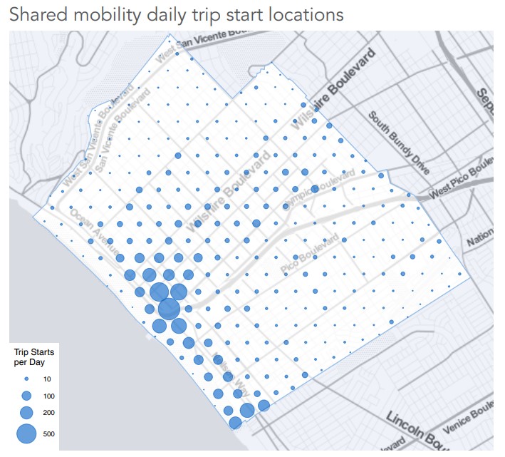 Santa Monica e-scooter/e-bike trip start locations - via SM report