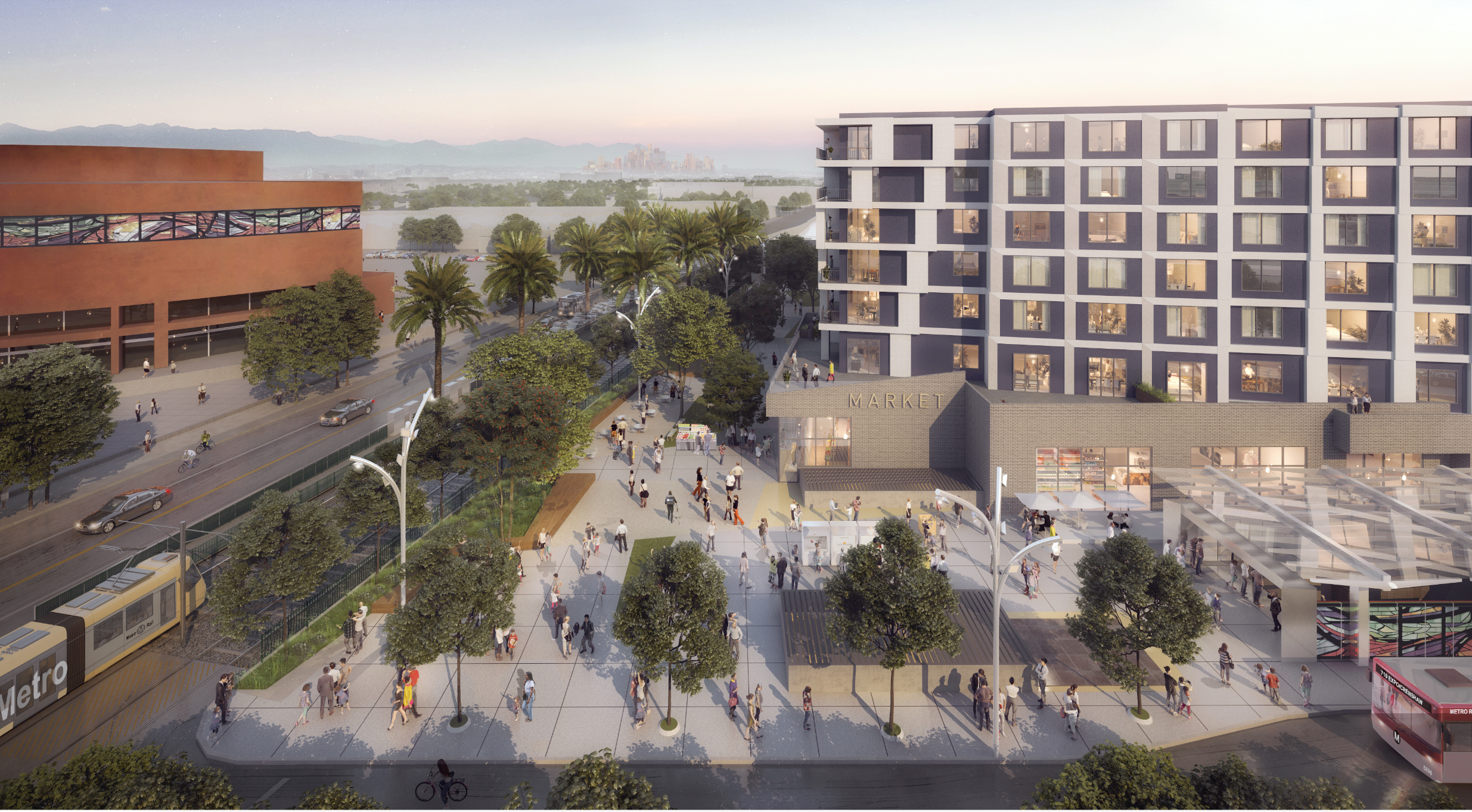 Another view of the revised project, looking eastward along Exposition. Source: Watt Companies
