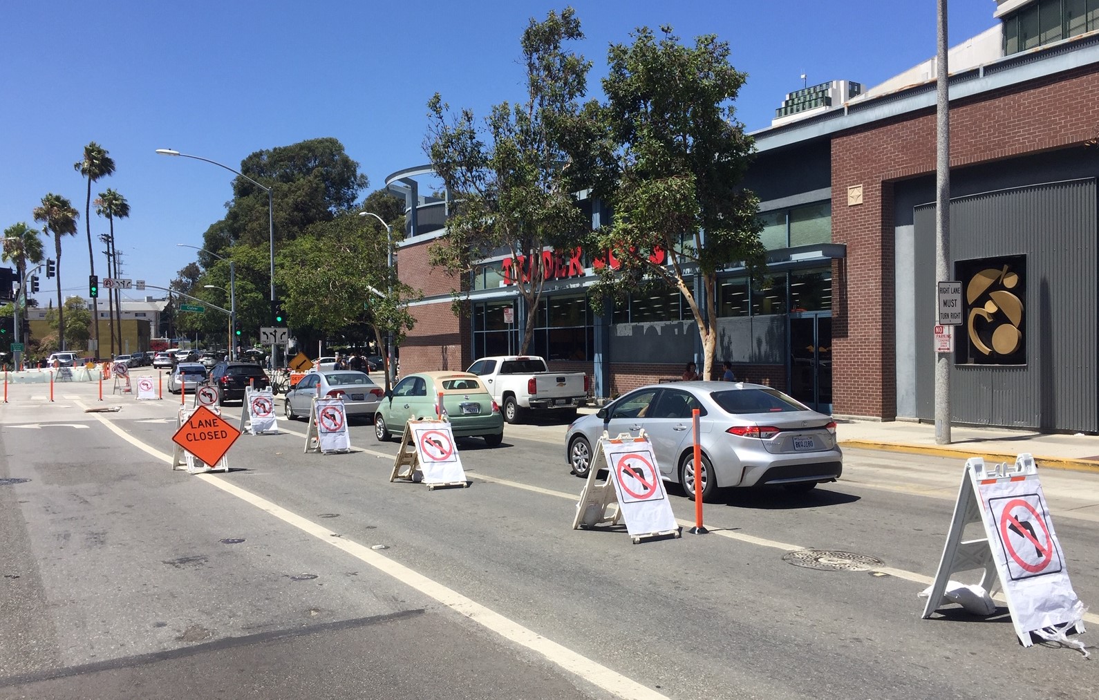 Approaching downtown Culver City, cars are prevented from turning onto Culver Boulevard