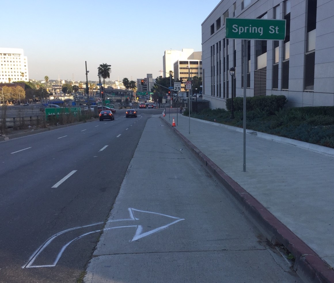 Preliminary marking on Aliso Street above Spring Street, where drivers will have to turn right