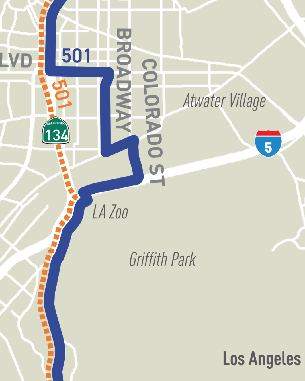 Map of 501 new routing to include stop at The Americana and Glendale Galleria plus weekend deviation to stop at L.A. Zoo