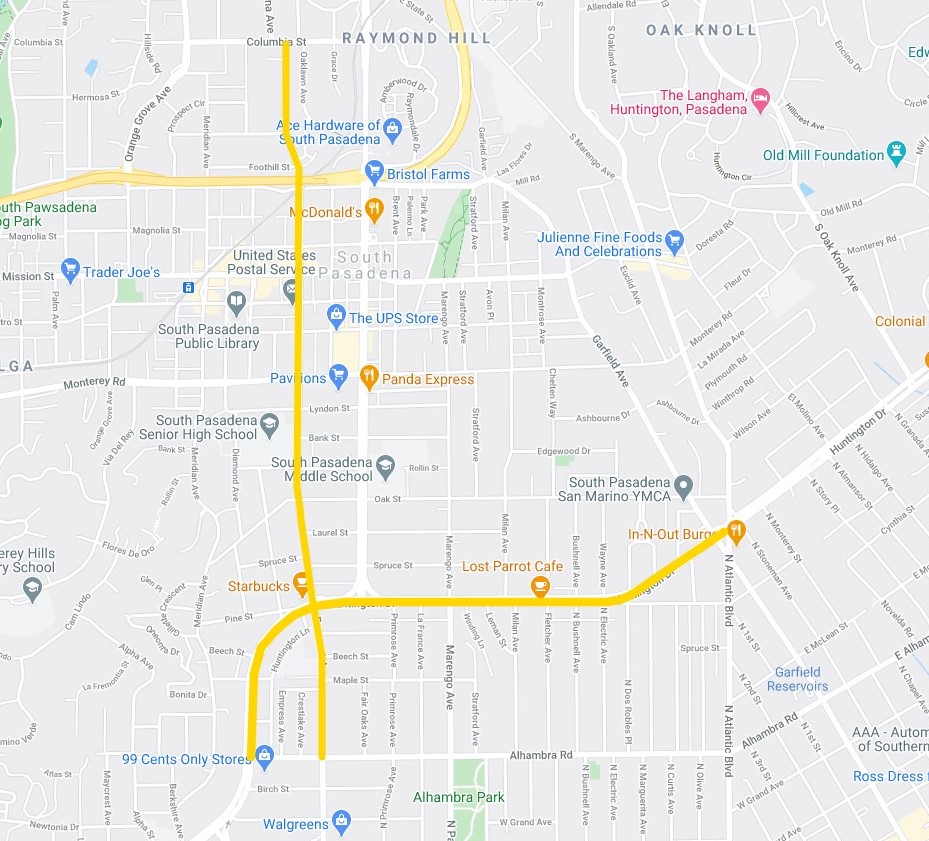 The South Pasadena Project has two parts that run along Huntington Drive and North Fremont Avenue. Map: Kristopher Fortin
