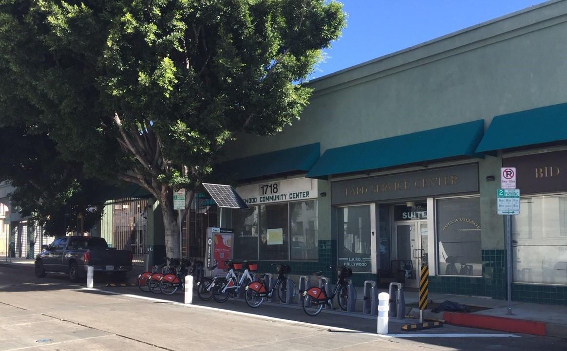 Metro Bike Share docks on Cherokee Avenue - located about 200 feet from the Hollywood Boulevard main drag
